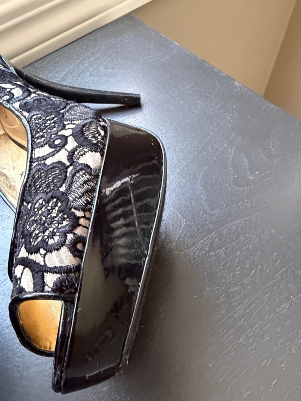 Guess Black Lace Peep-Toe Platform Stilettos - Picture 6 of 7